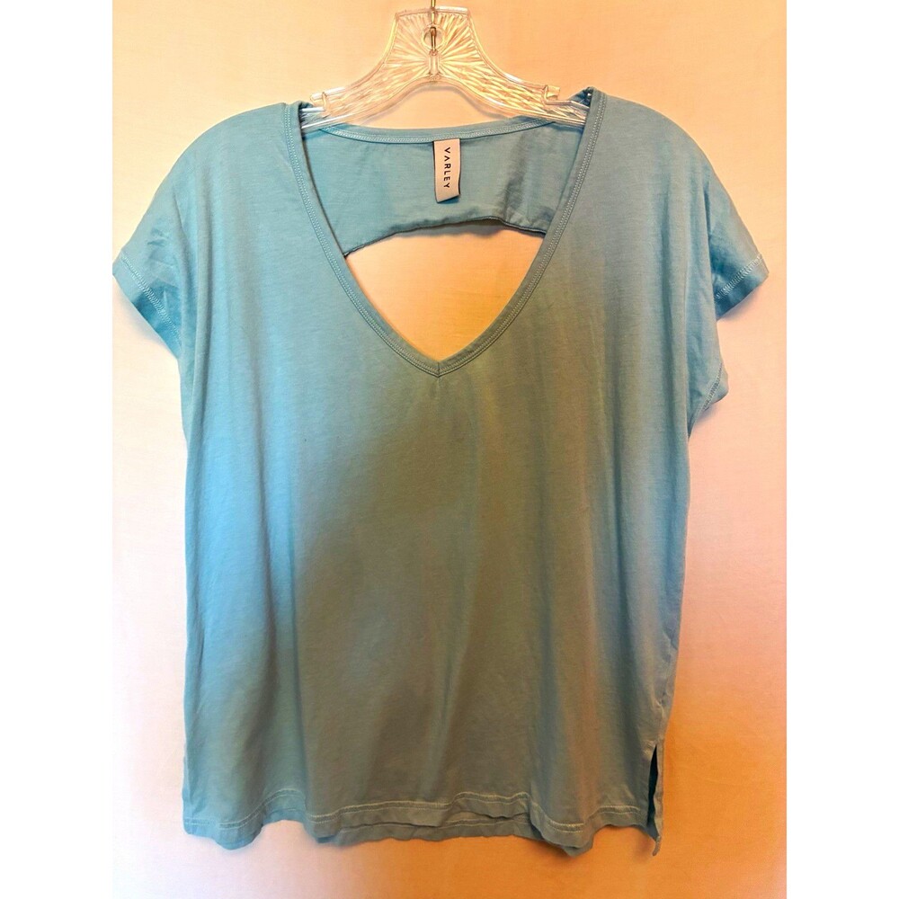 Varley Blue V-Neck Open Back Cutout Short Sleeve Jersey T-Shirt 100% Cotton M